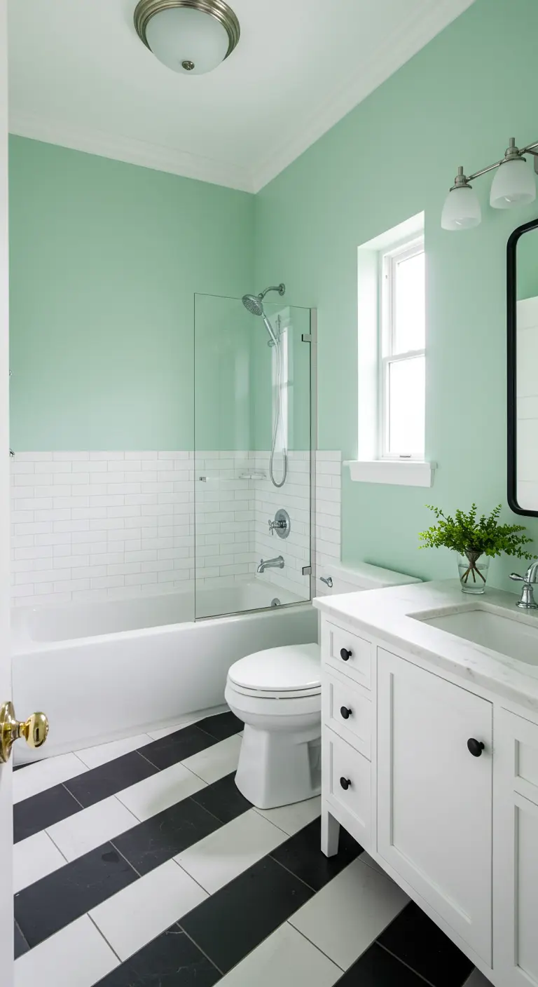 Badkamer met mintgroene muren, witte metrotegels en zwart-witte vloer.