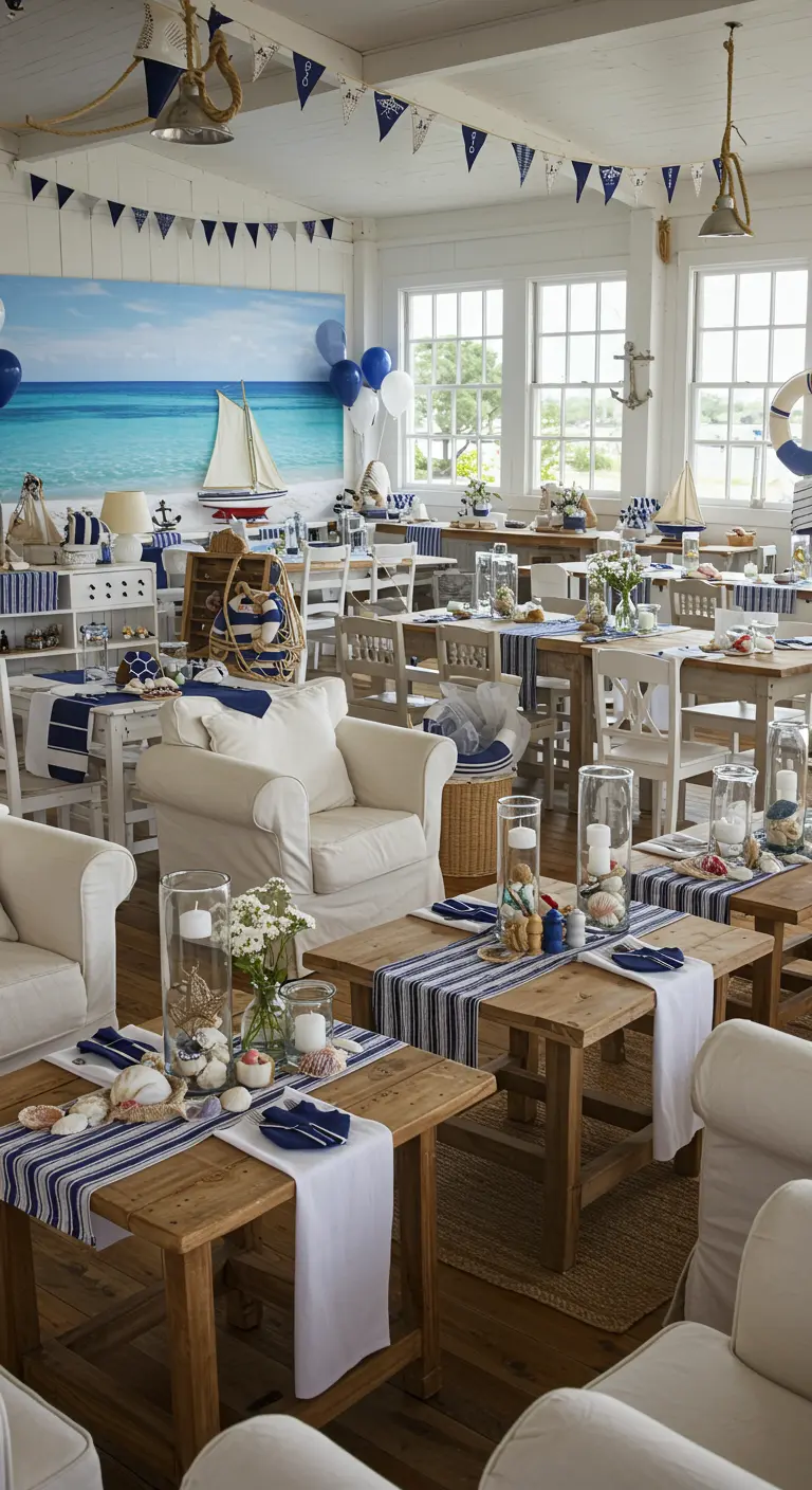 Maritiem gedecoreerde ruimte met blauw-witte strepen, schepen en schelpen op tafels.