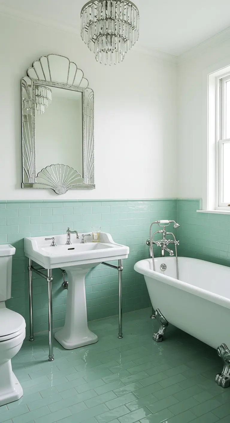 Lichte badkamer met mintgroene tegels, wit sanitair en Art-Deco waaierspiegel.