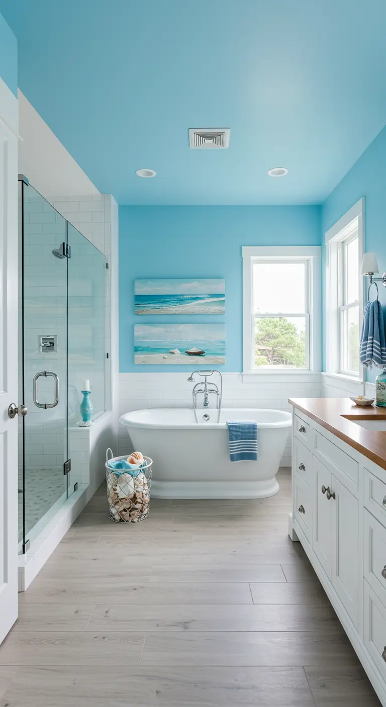 Badkamer met turquoise muren, witte lambrisering en maritieme decoratie.
