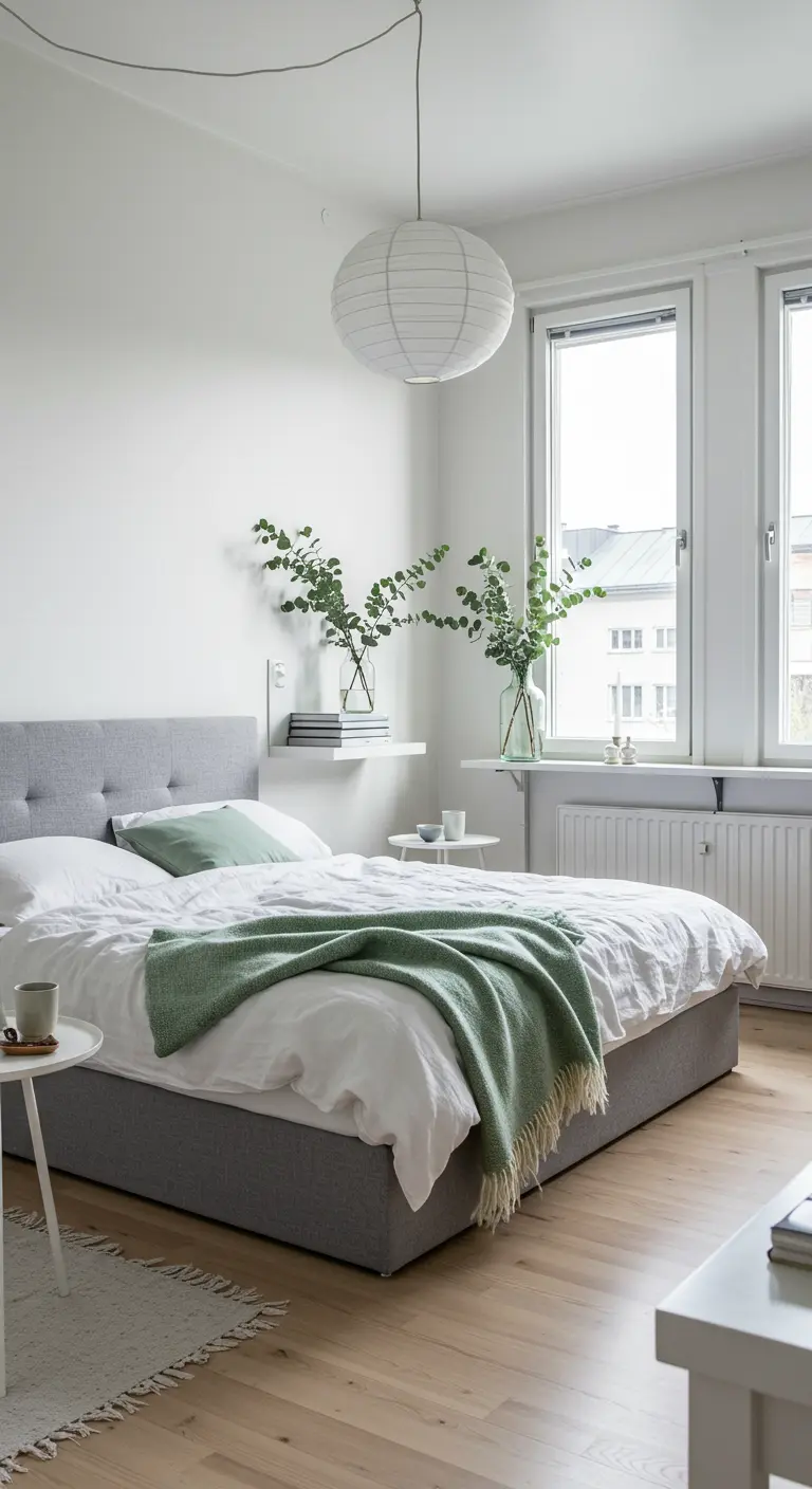 Witte slaapkamer, grijs gestoffeerd bed, saliegroene plaid, takken in vazen, papieren lamp.
