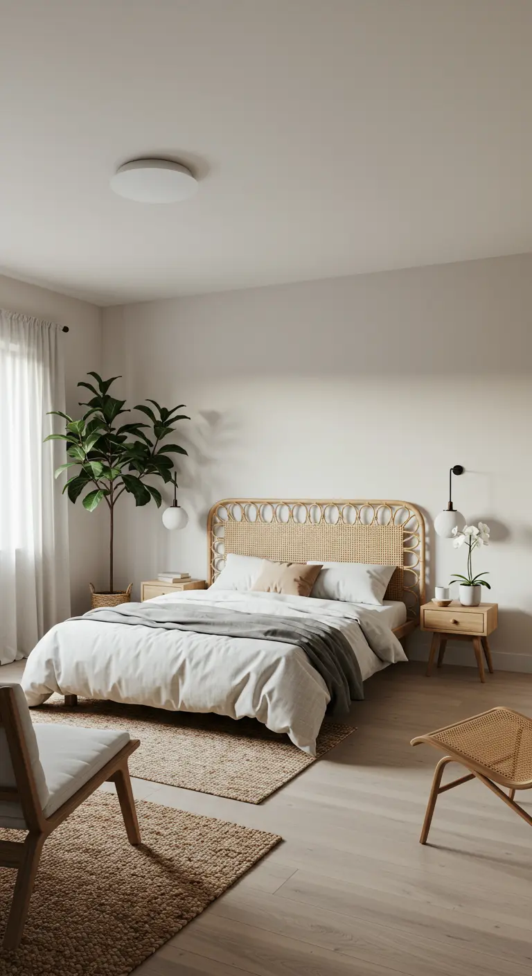 Lichte, witte slaapkamer met rotan hoofdbord, houten nachtkastjes en een grote plant.