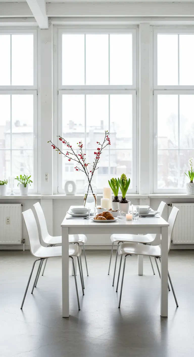 Strak witte Scandinavische eettafel met rode bessen takken en hyacinten.