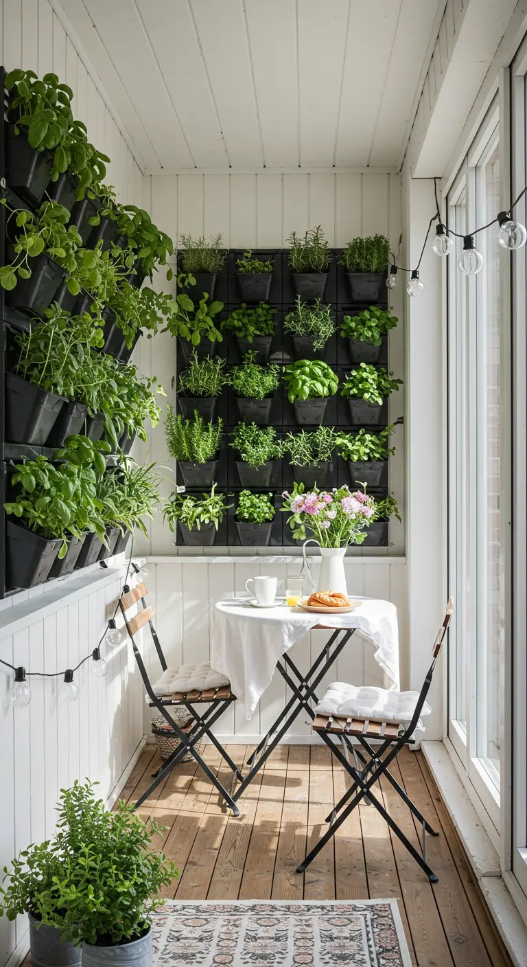 Licht en fris balkon met witte houten lambrisering, een wand vol kruiden en een klein bistrosetje.