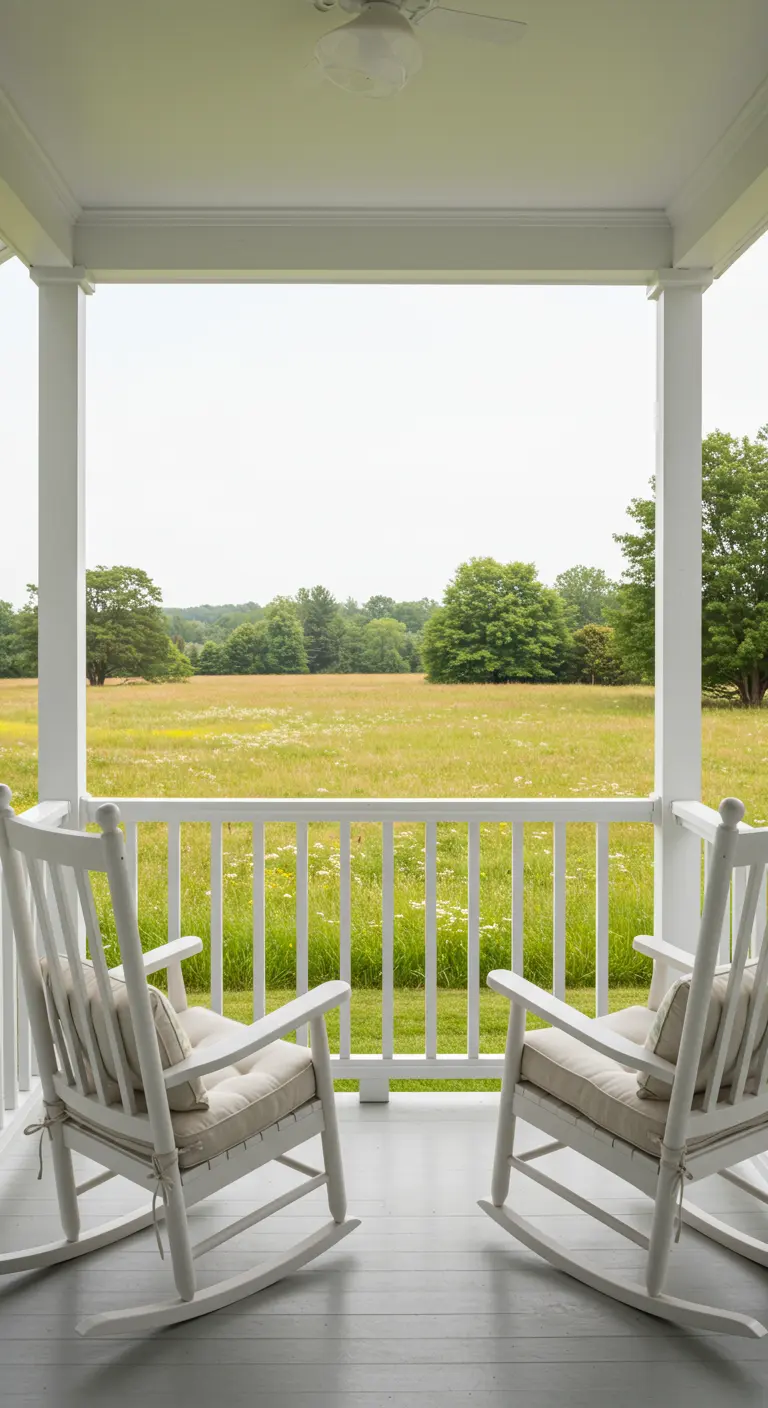 Twee witte schommelstoelen met lichte kussens op een witte veranda met uitzicht op een helder groen veld.