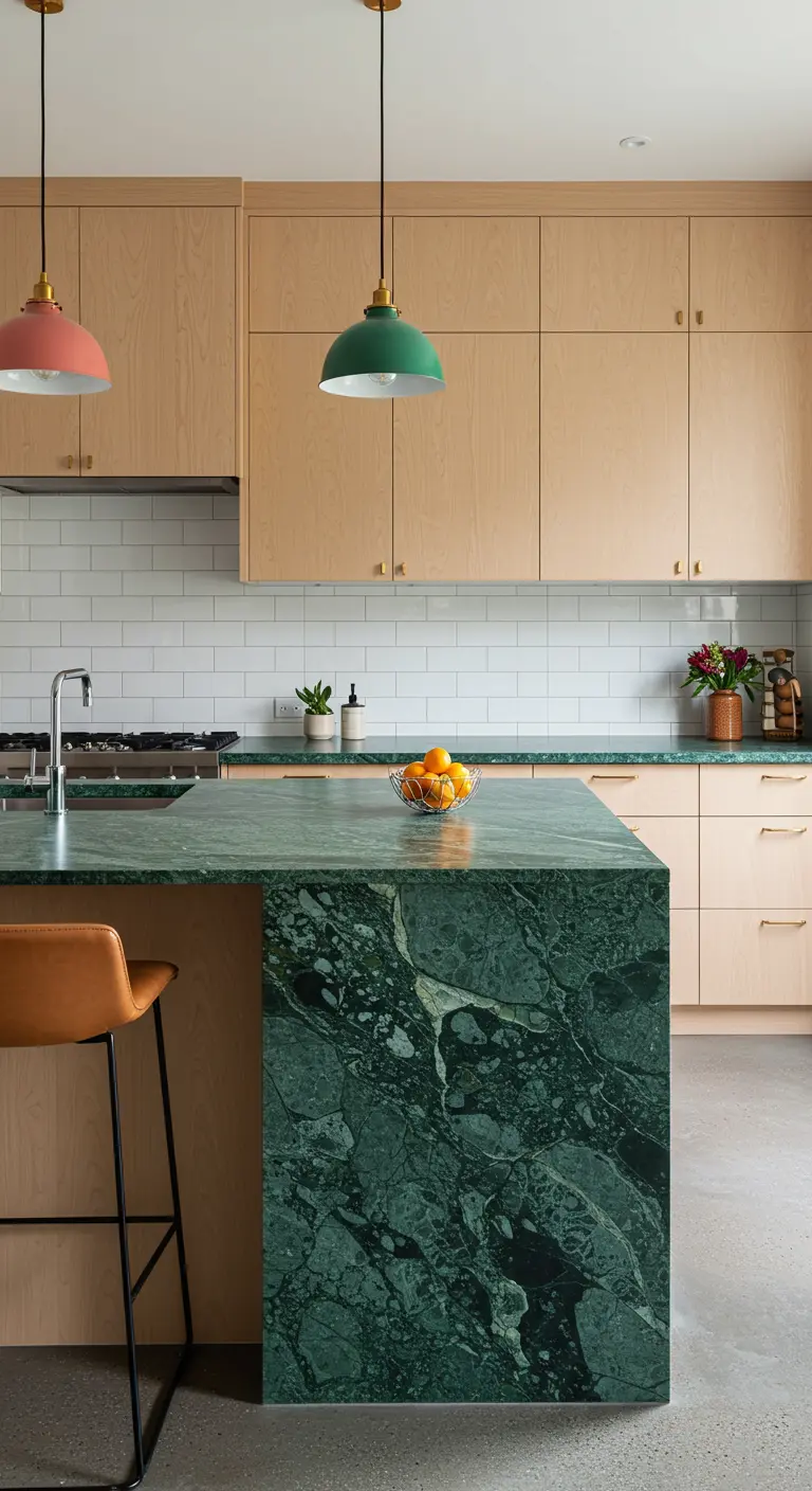 Keuken met lichte houten kasten, een groen marmeren eiland en speelse roze en groene hanglampen.