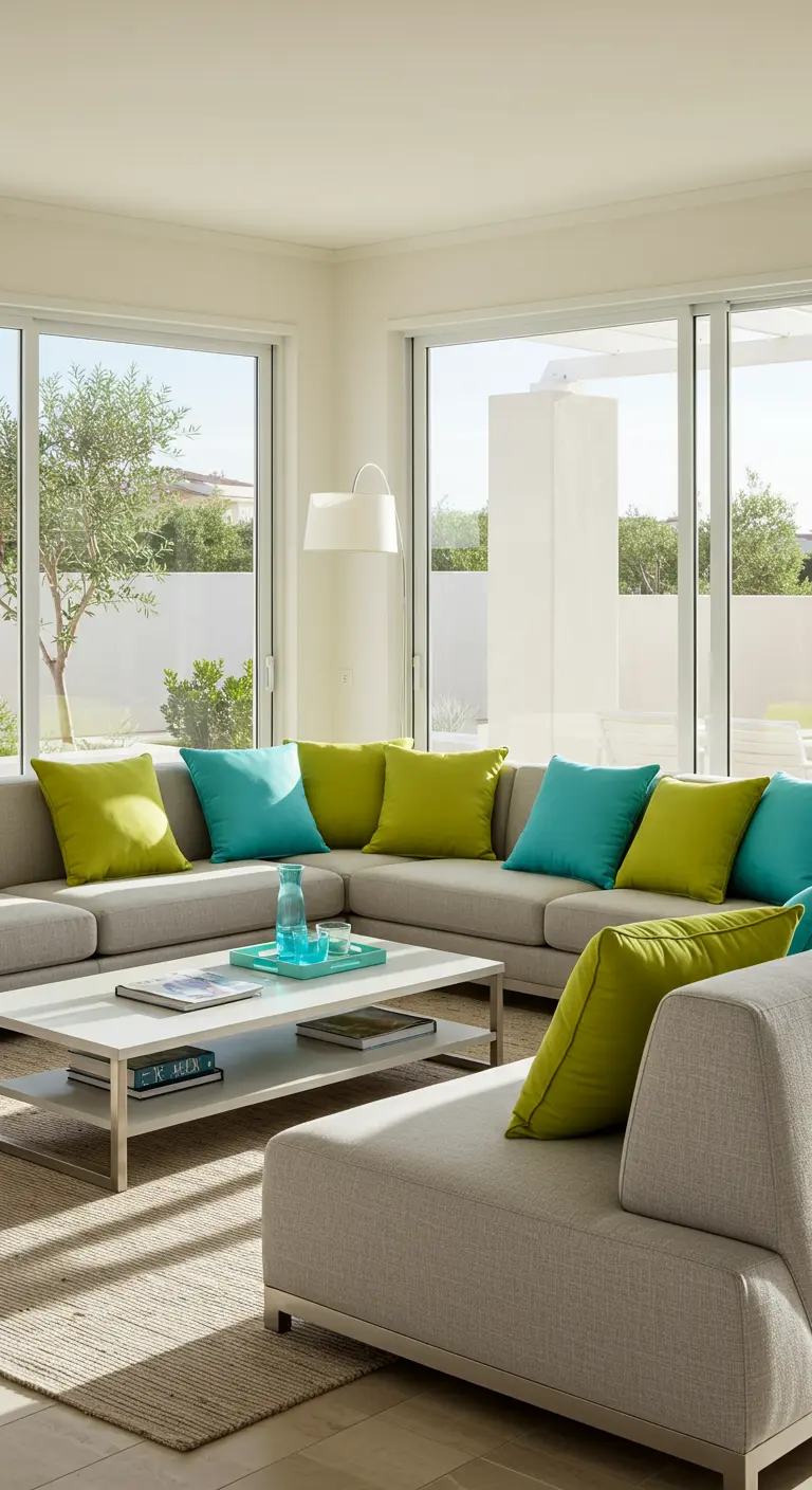 Grijze hoekbank met limoengroene en turquoise kussens in een moderne, lichte woonkamer.