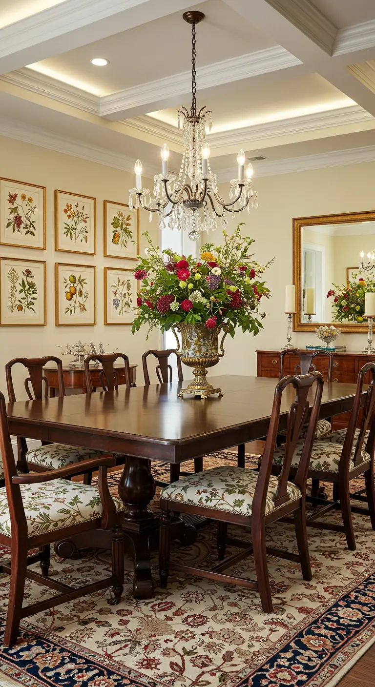 Lichte eetkamer met witte wandpanelen, houten tafel, witte stoelen, bladprints, glazen vazen en rotan lamp.