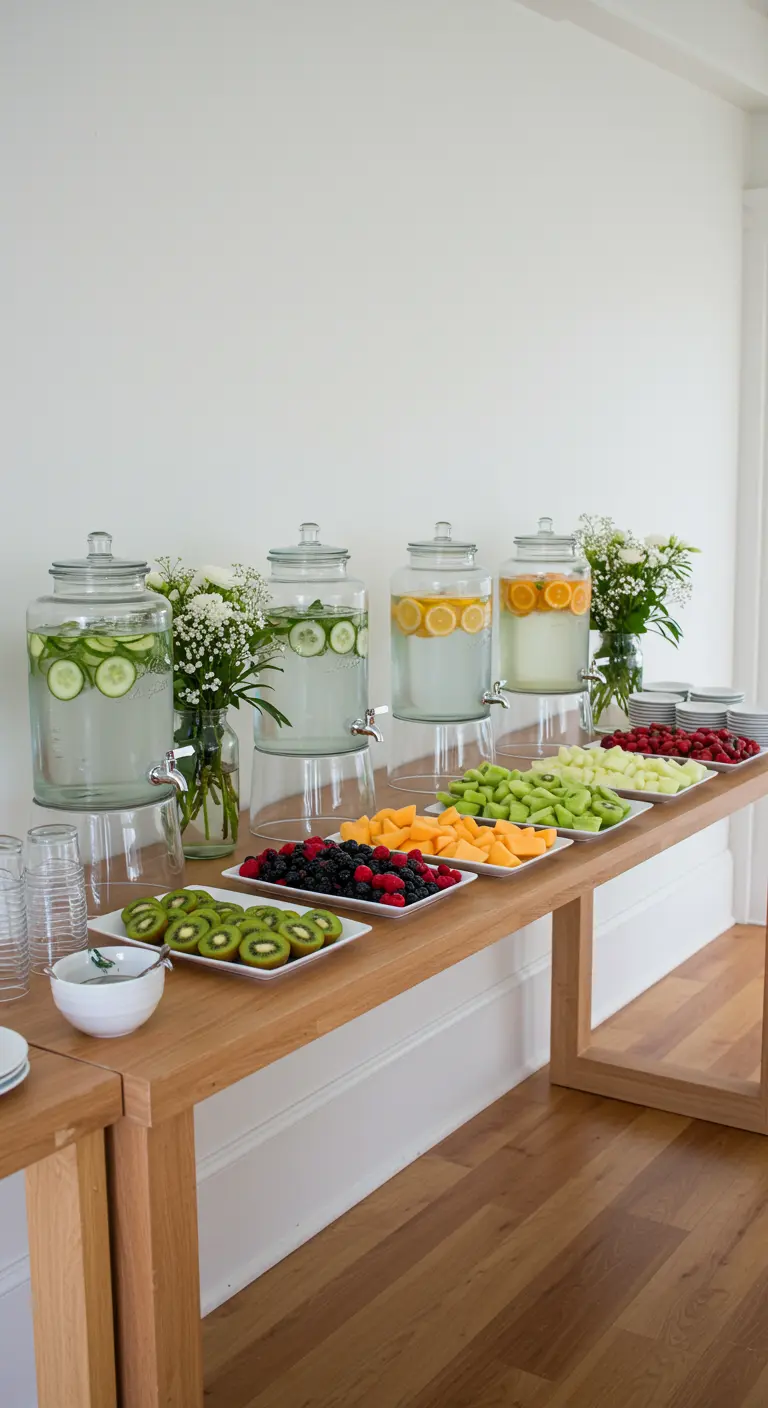 Lange houten tafel met fruitwater tapkranen en schalen vol gesneden kiwi, bessen en meloen.