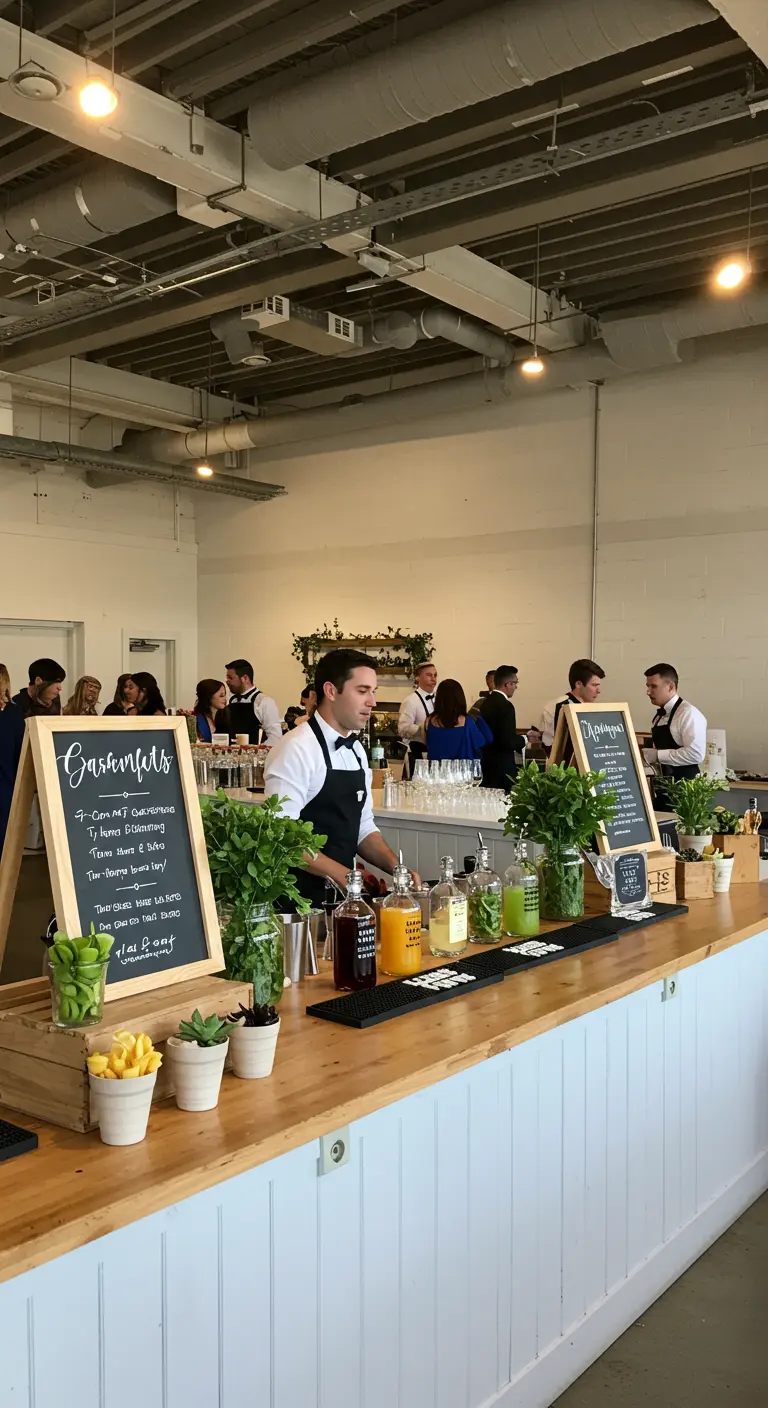 Moderne bar met verse kruiden in potjes, krijtborden en houten kratjes.