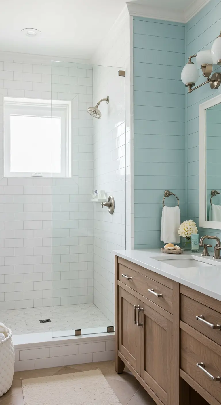 Lichte badkamer in kuststijl met blauwe lambrisering, witte metro tegels, houten wastafelmeubel.