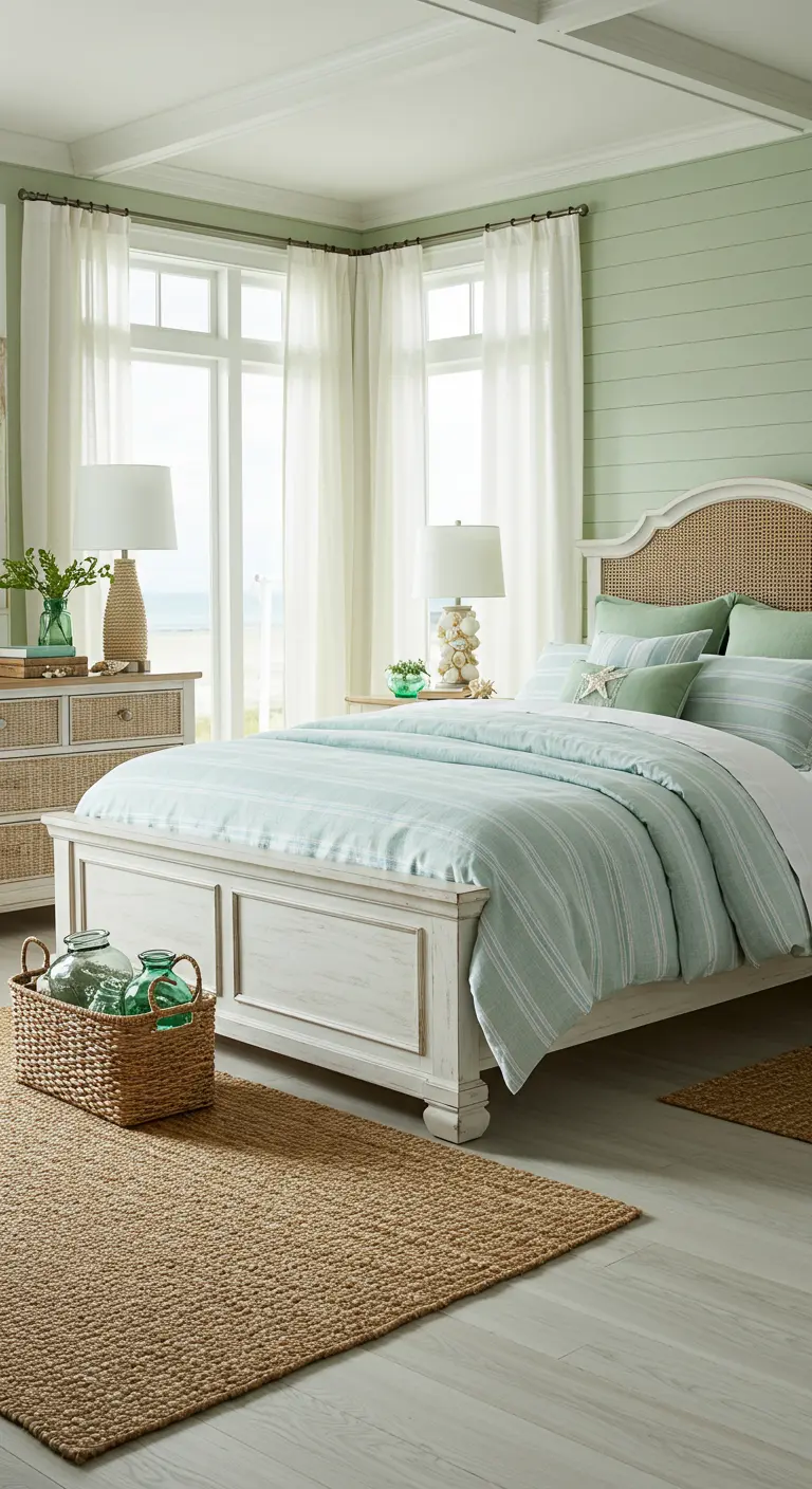 Kuststijl slaapkamer, mintgroene shiplap muur, wit bed, jute vloerkleed, schelpendecoratie.
