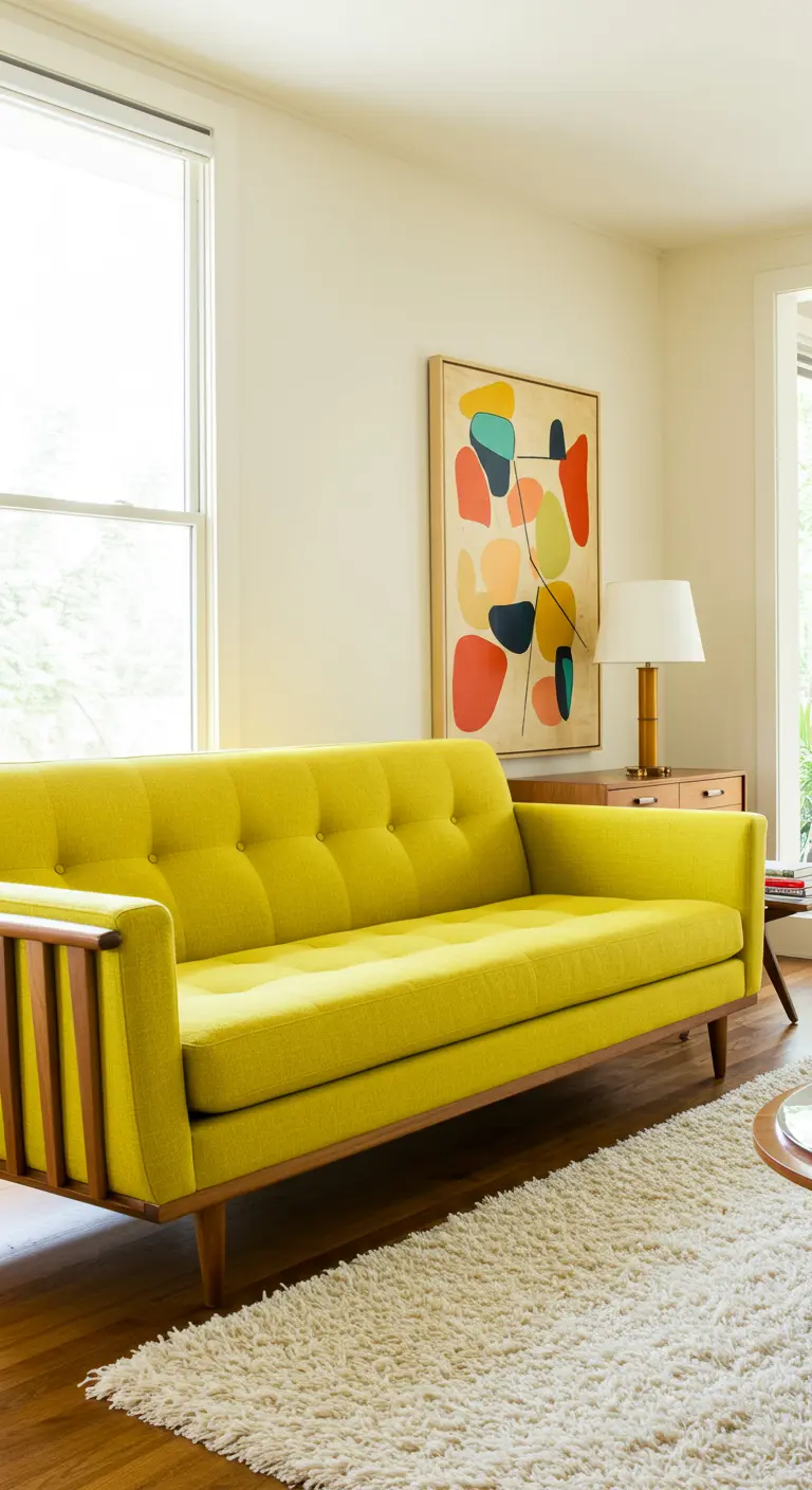 Woonkamer met heldergroene retro bank en abstract kunstwerk.