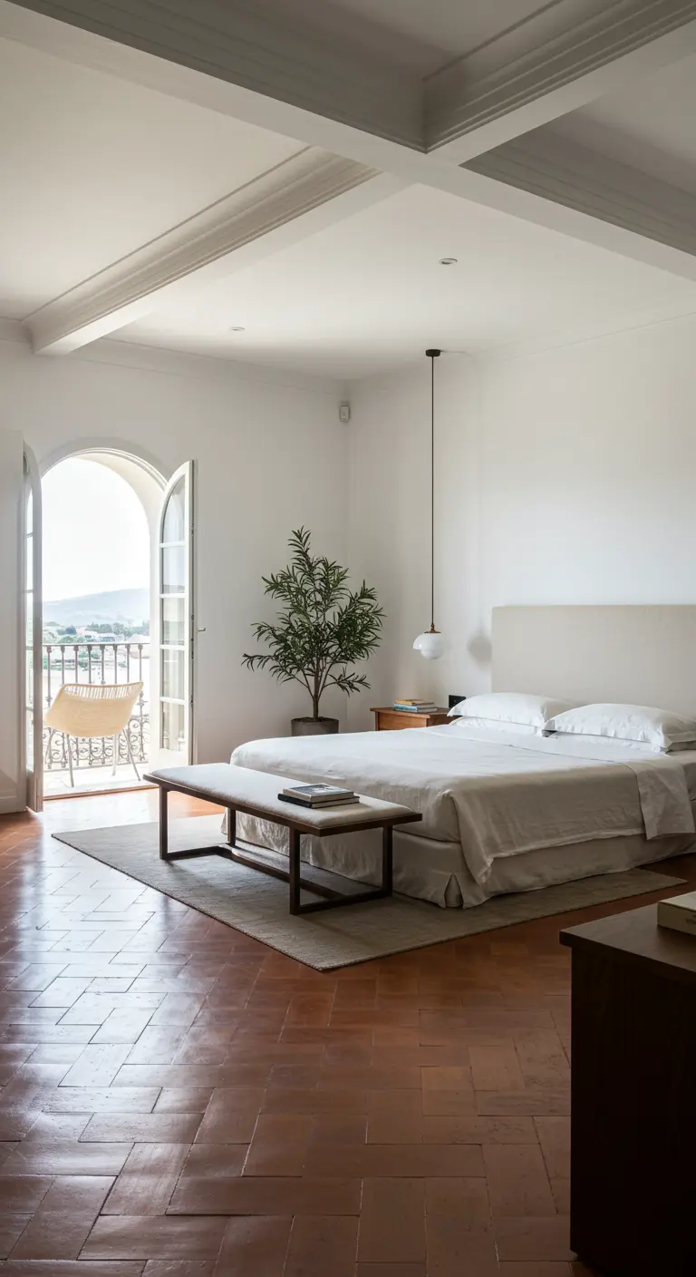 Ruime witte slaapkamer met terracotta vloer, hoog plafond, boogdeur naar balkon en kamerplant.