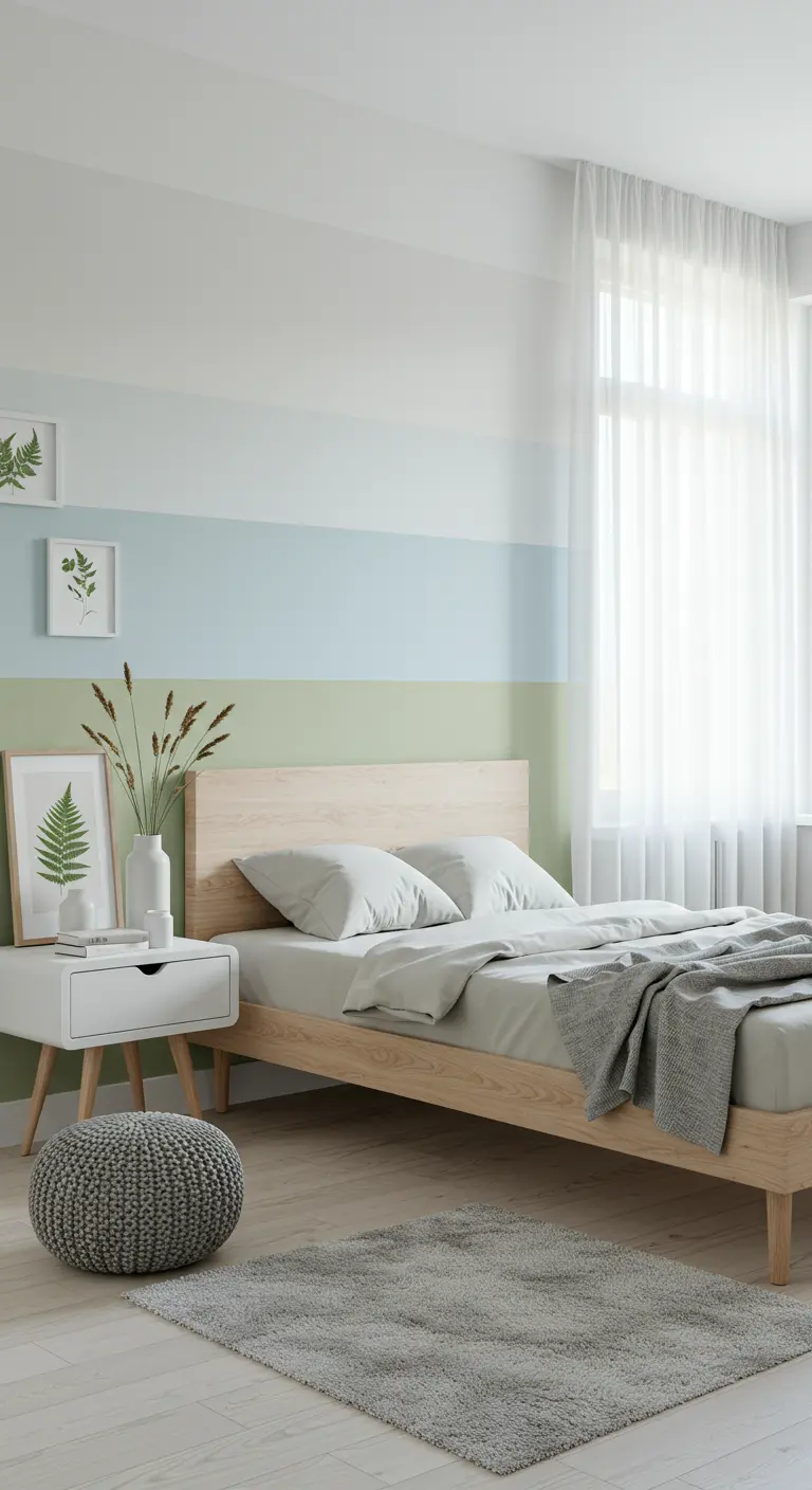 Lichte slaapkamer met horizontale kleurverloopbanen in wit, blauw en groen.