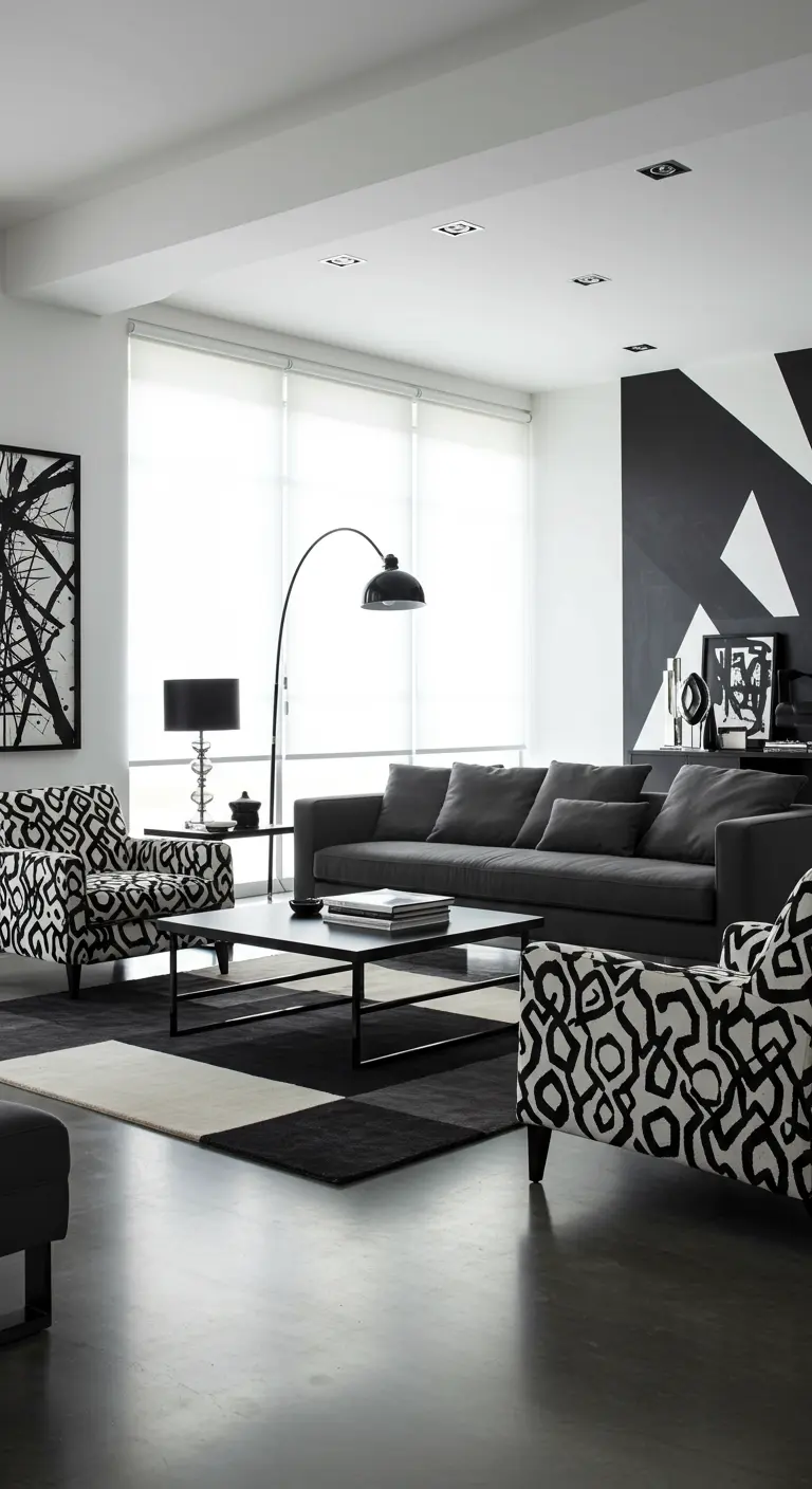 Lichte woonkamer in pastelblauw met houten salontafel en botanische prints.