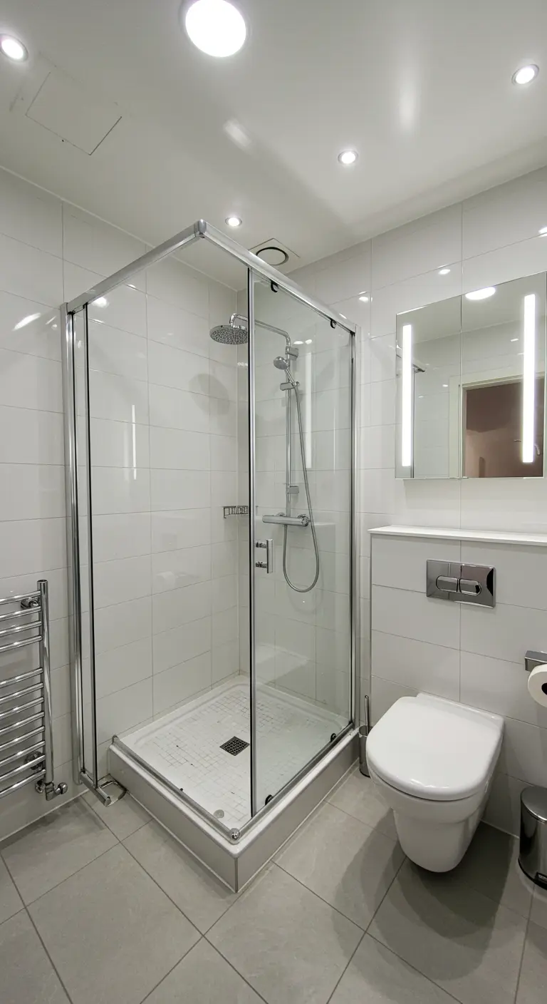 Standaard witte badkamer met hoekdouchecabine en chromen frame.