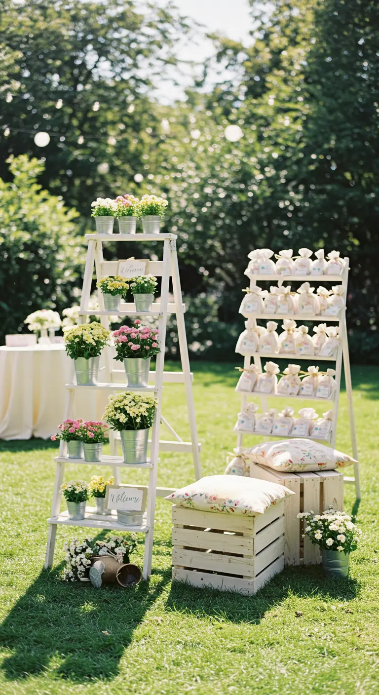 Witte ladders in tuin met bloemen in emmertjes en bedankjes, krat als zitje.