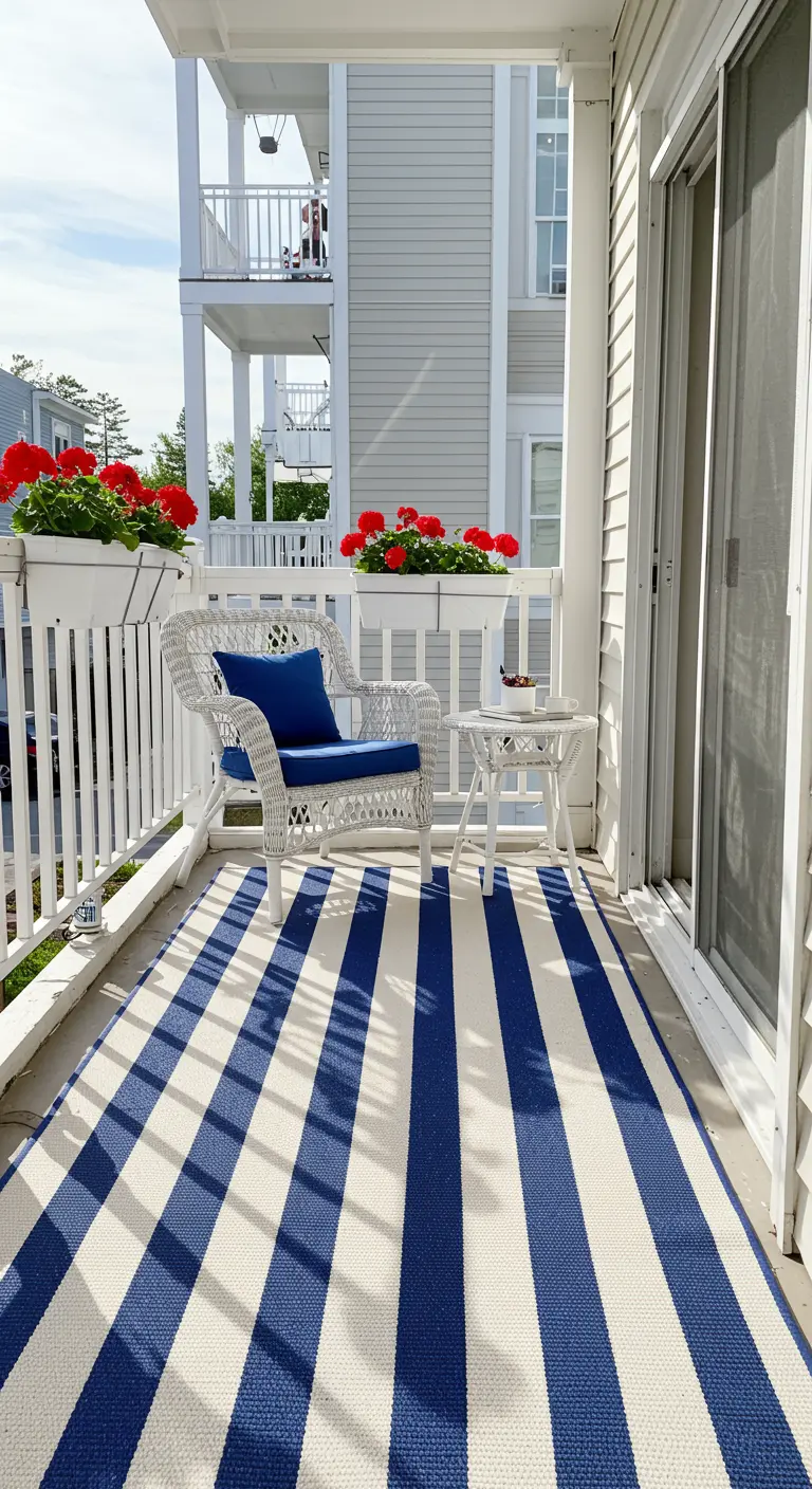 Balkon met blauw-wit gestreept buitenkleed en witte rieten stoel.