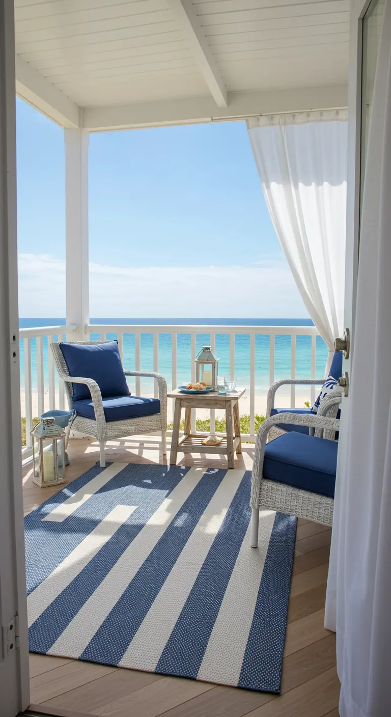Balkon met uitzicht op zee, witte rieten stoelen en een blauw-wit gestreept buitenkleed.