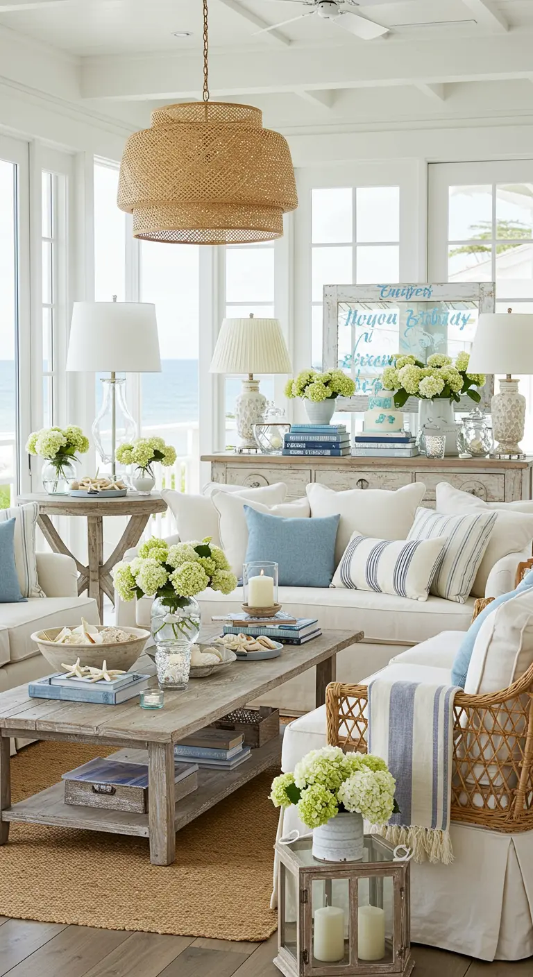Coastal chic interieur met wit, blauw, drijfhout en hortensia's.
