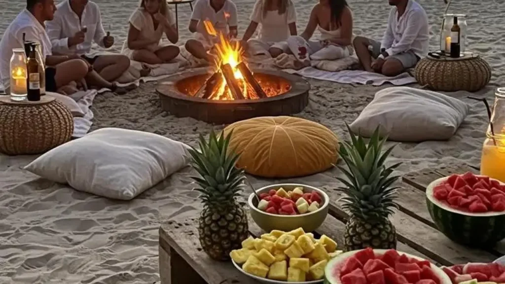 Kleurrijk fruit als feestdecor: ananas, watermeloen en andere soorten op een gezellig strandfeest met vuurkorf.