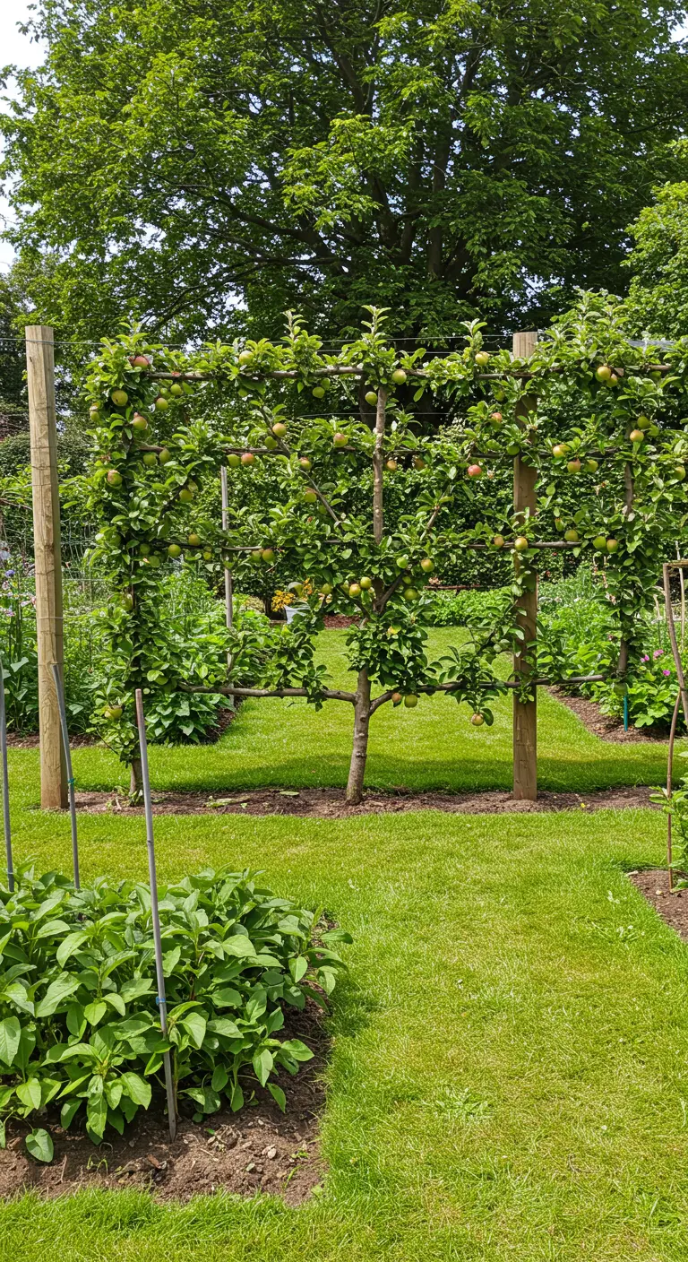 Geleide fruitbomen (espalier) met appels die een groene afscheiding vormen in een tuin.