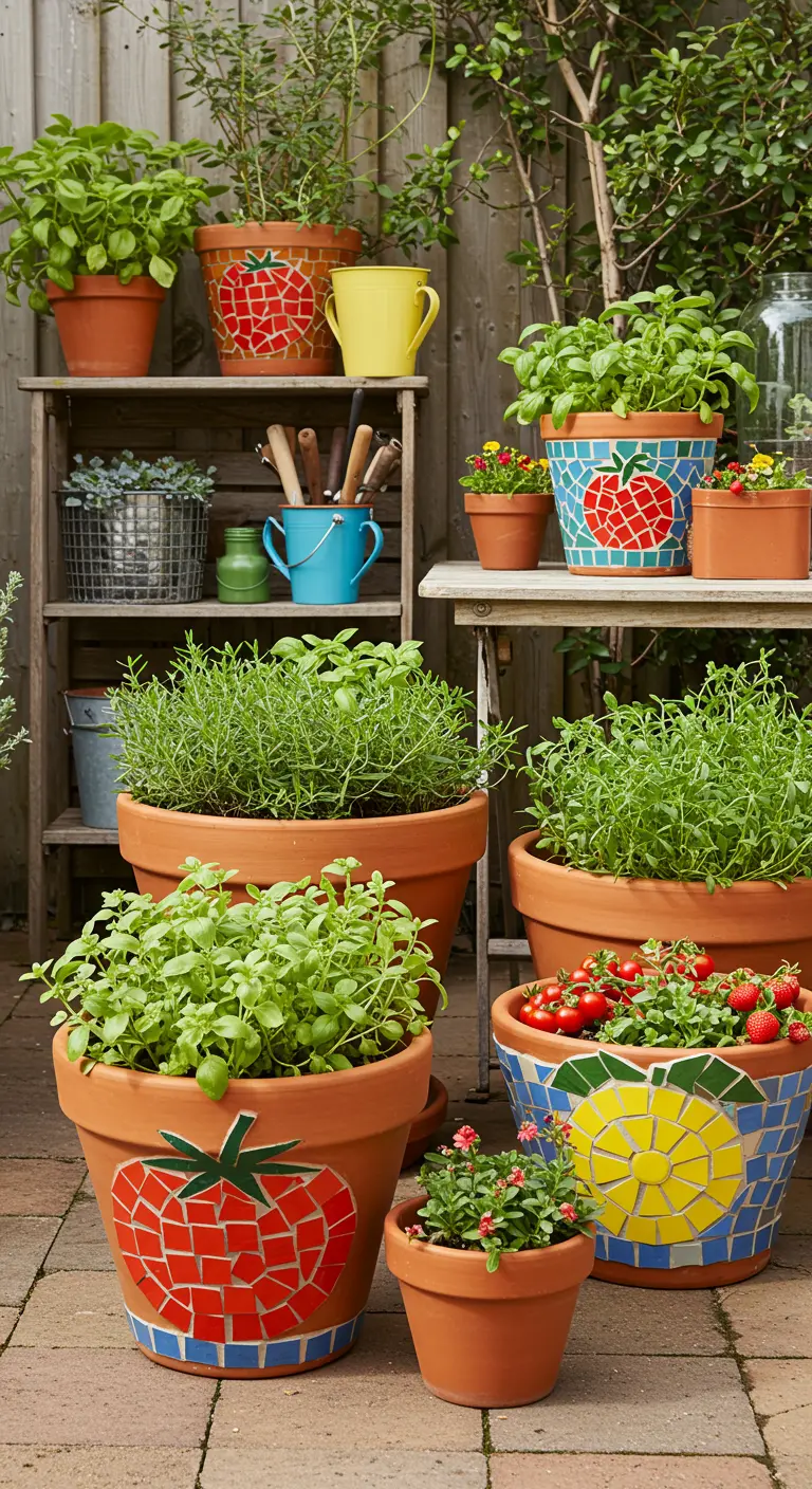 Terracotta potten met mozaïekafbeeldingen van tomaten, aardbeien en citroenen.