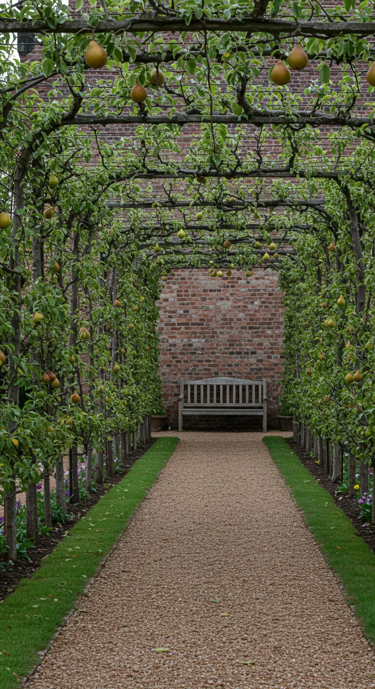 Lange tunnel van geleide fruitbomen die een pad overkoepelen, leidend naar een bankje.
