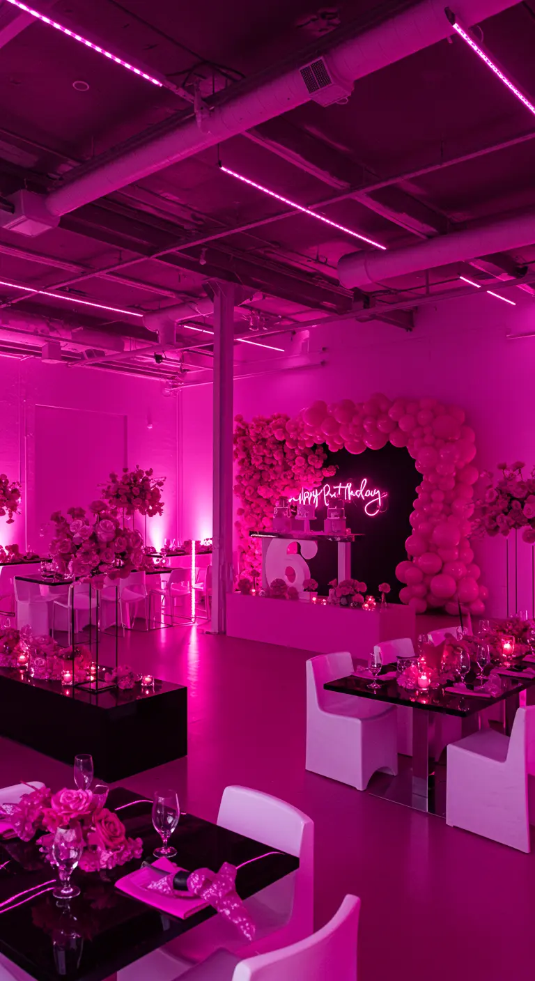 Moderne feestruimte met fuchsia roze verlichting en ballondecoratie.