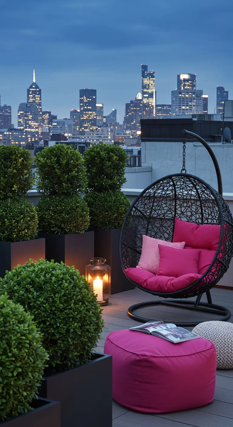 Zwarte eivormige hangstoel met fuchsia roze kussens en poef op een dakterras met stadszicht.