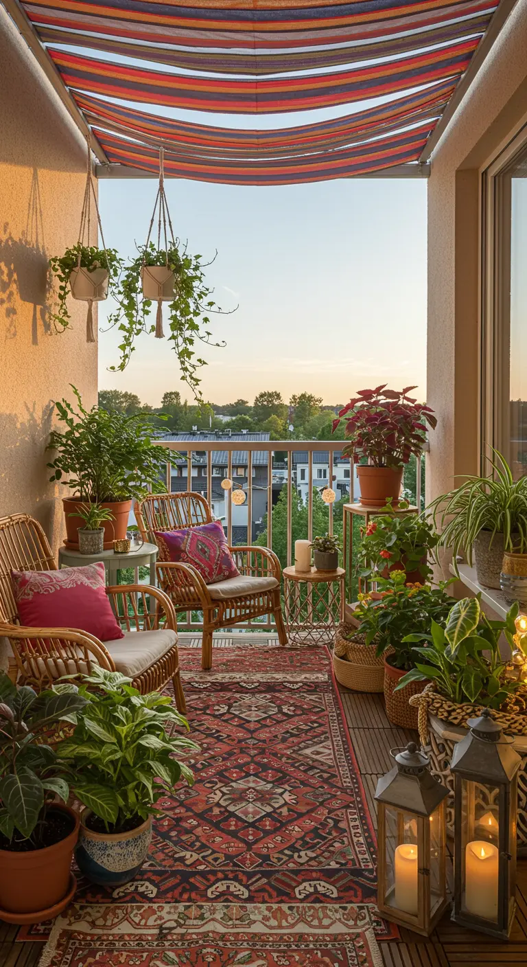 Bohemian balkon met hangende Fuchsia's, rotan stoelen, kleurrijk tapijt en uitzicht over de stad.