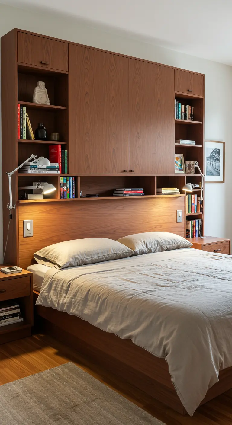 Modern houten bed met geïntegreerde boekenplanken en verlichting als hoofdbord.