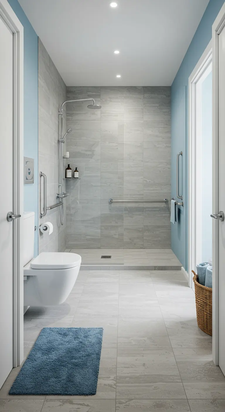 Toegankelijke badkamer met lichtgrijze antislip tegels en blauwe accentmuur.