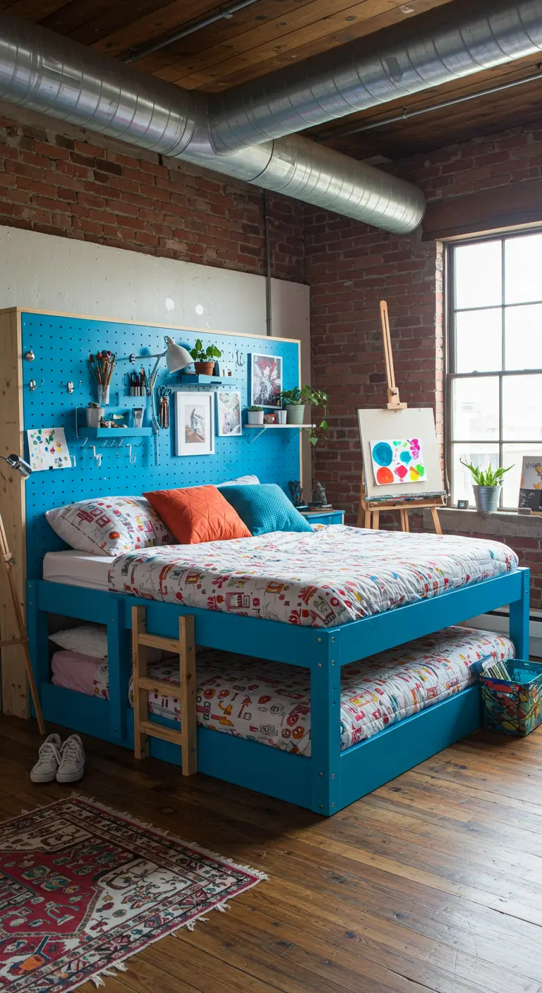 Felblauw geverfd bed met een groot blauw pegboard hoofdbord vol spulletjes.