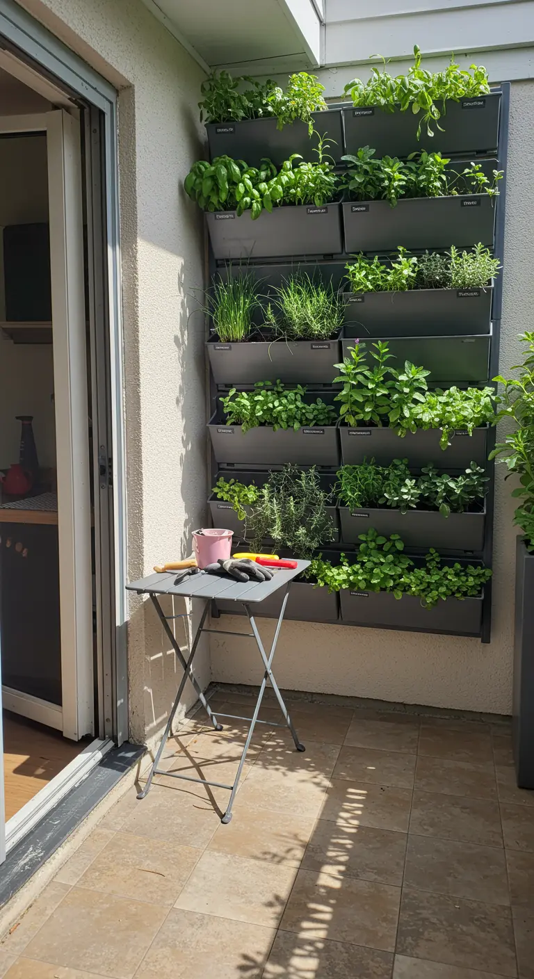 Balkon met grijs modulair kruidenrek, gestapelde plantenbakken en een klein opklapbaar tafeltje.