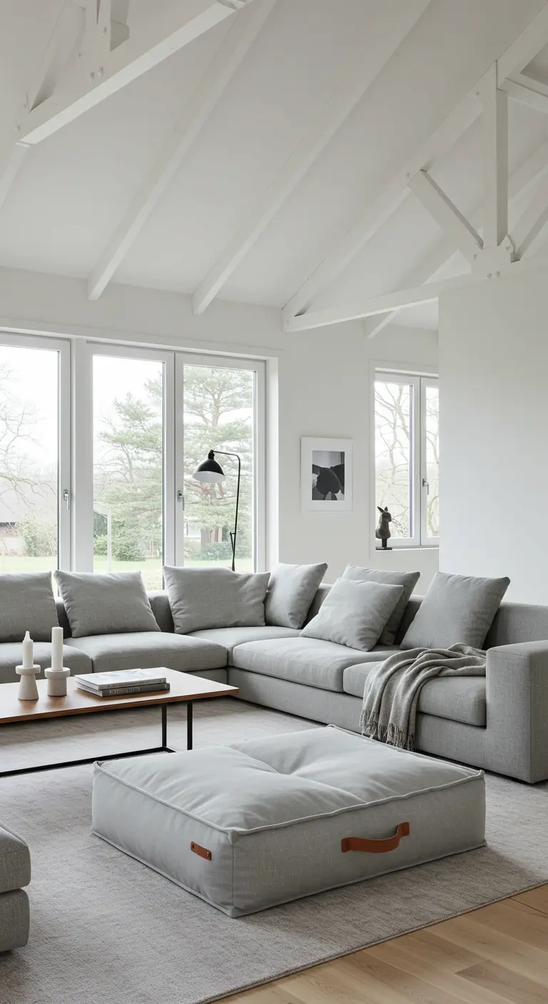 Lichte, ruime woonkamer met een grote grijze sectionele bank en een vierkante stoffen poef met leren handvatten.