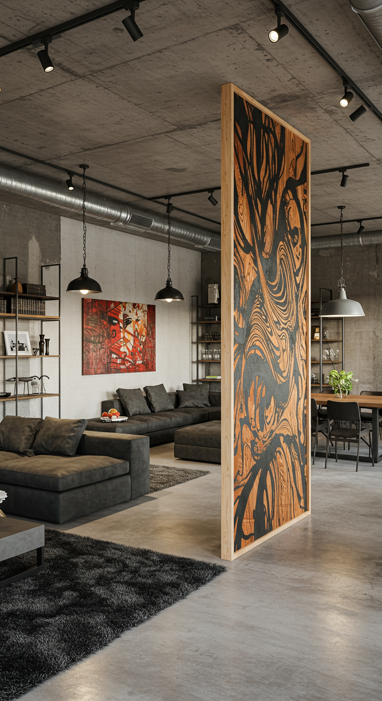 Industriële loft woonkamer met een groot houten paneel met abstract patroon, dat als roomdivider fungeert.