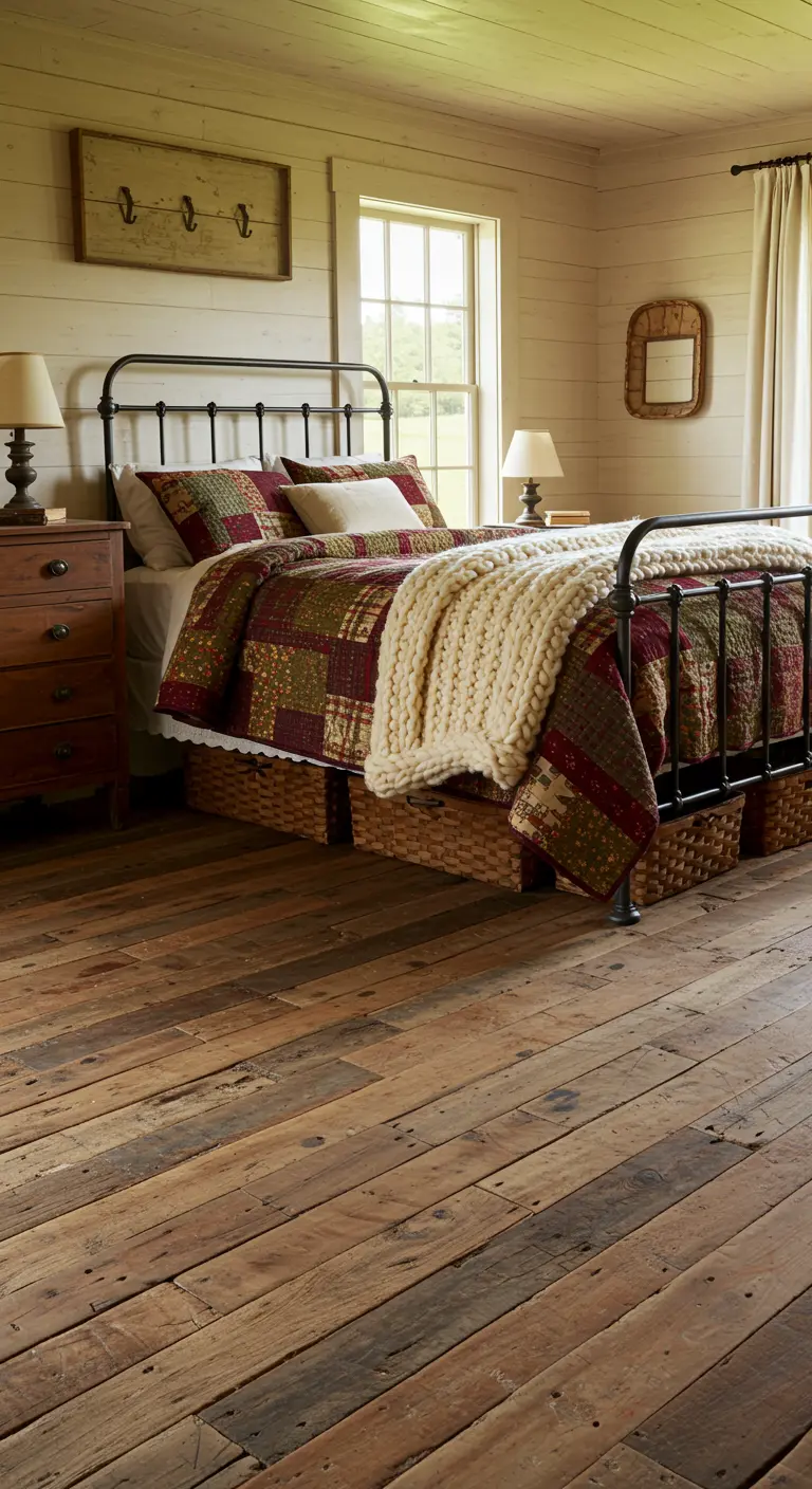 Landelijke slaapkamer met een metalen bedframe en grote rieten opbergmanden eronder.
