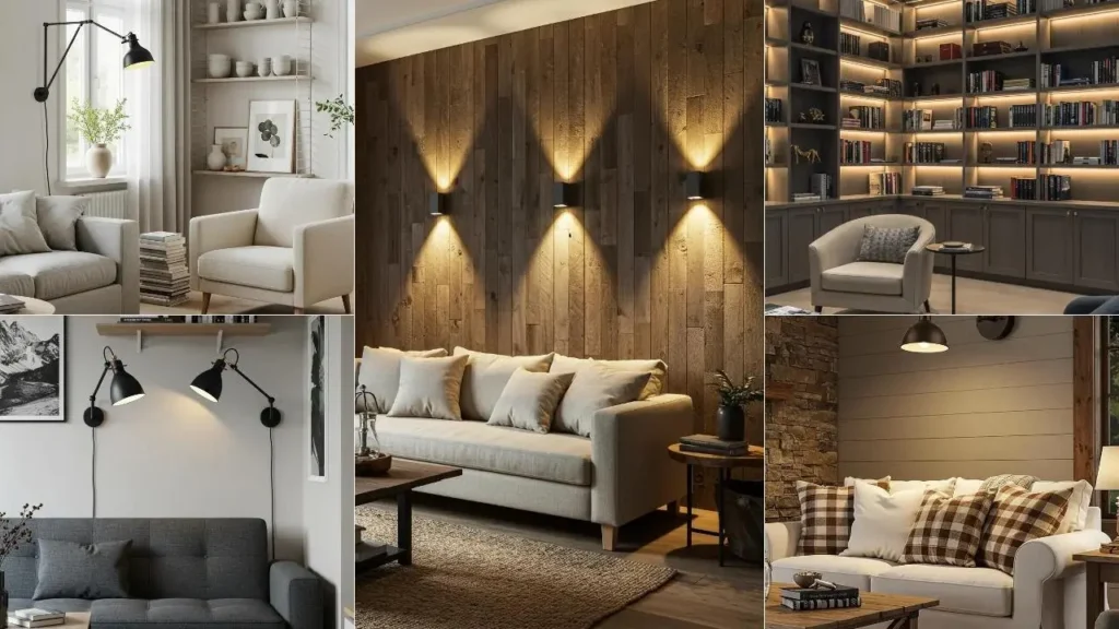 Sfeervolle woonkamers, verlicht met functionele wandlampen. Stijlvolle lichtdesigns voor een gezellige ambiance.