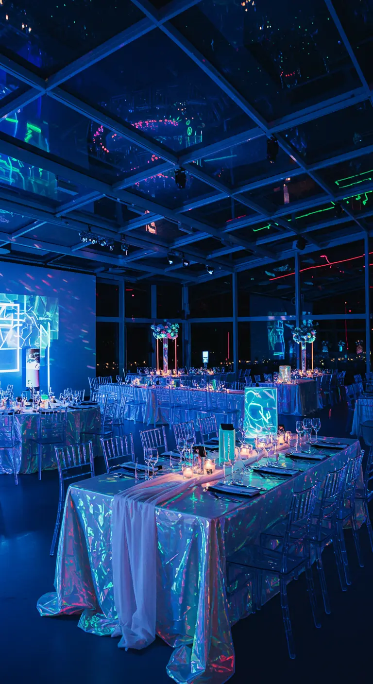 Moderne feestsetting met holografische tafelkleden, neonverlichting en transparante stoelen.