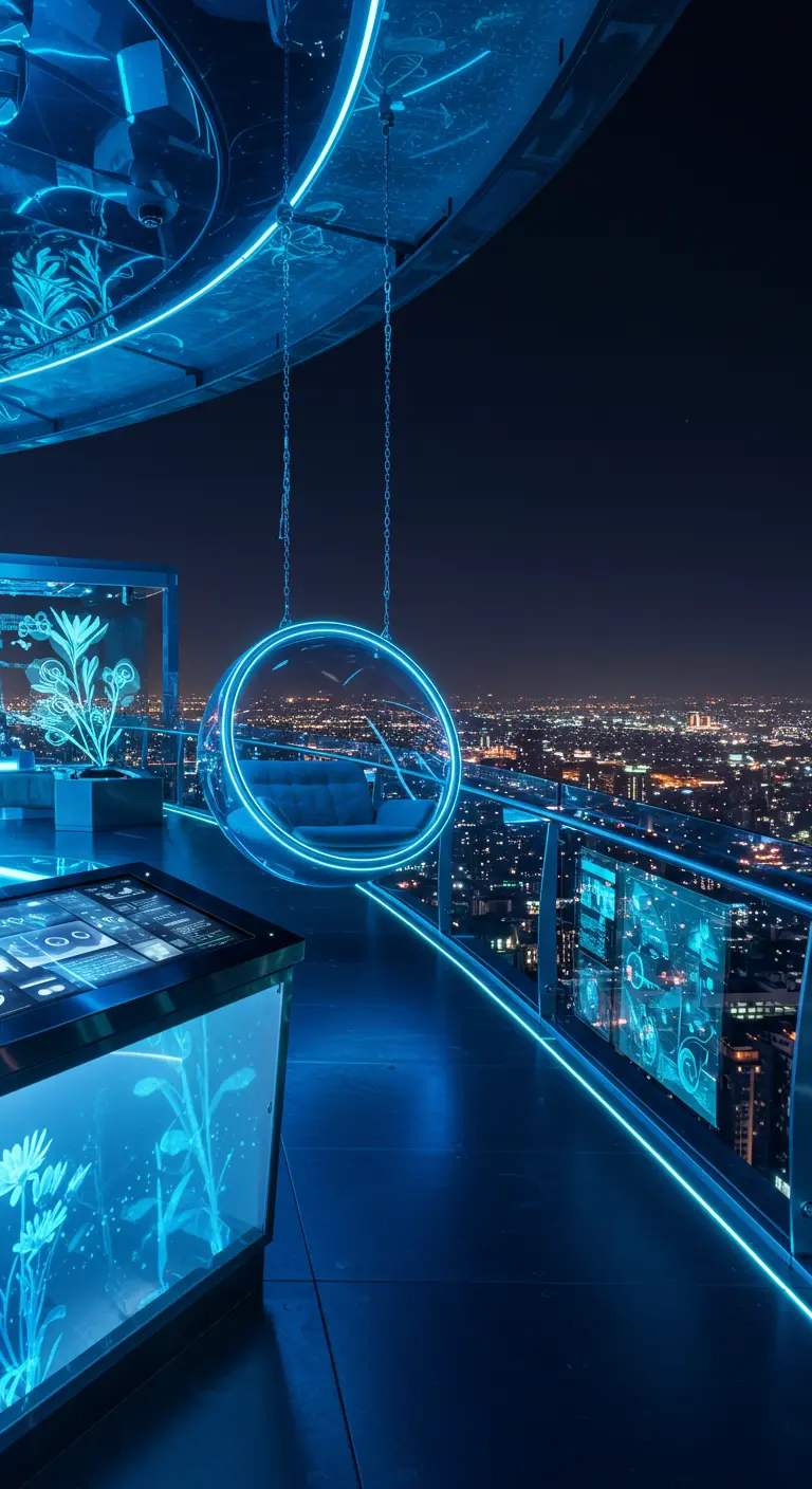 Futuristische dakterrasbar met blauw verlichte transparante hangstoel en uitzicht op de stad.