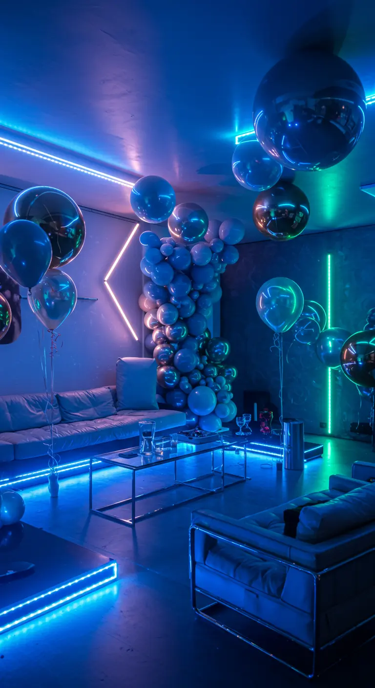 Donkere kamer met metallic ballonnen, neonblauwe LED-lijnen en moderne meubels.