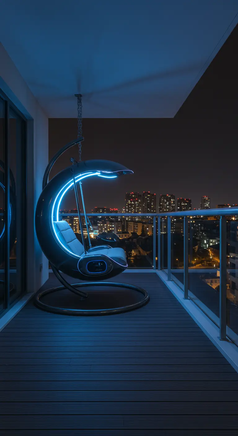 Moderne zwarte schommelstoel met blauwe neonverlichting op balkon met stadszicht 's nachts.