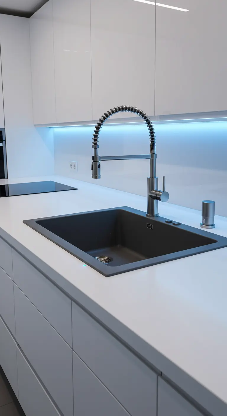 Moderne witte keuken met donkere spoelbak en blauwe LED-verlichting onder het werkblad.