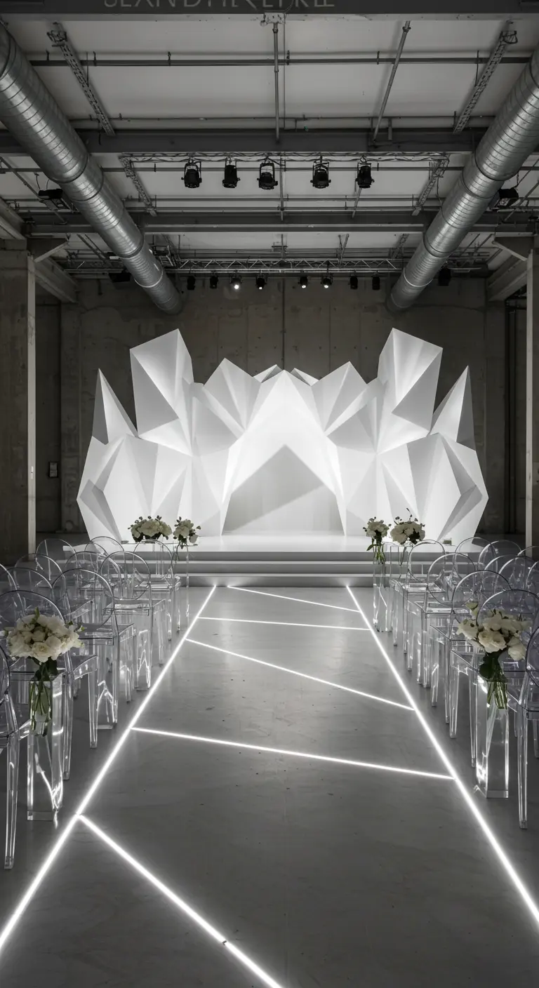Moderne witte geometrische backdrop voor trouwceremonie met witte accenten en lijnverlichting.