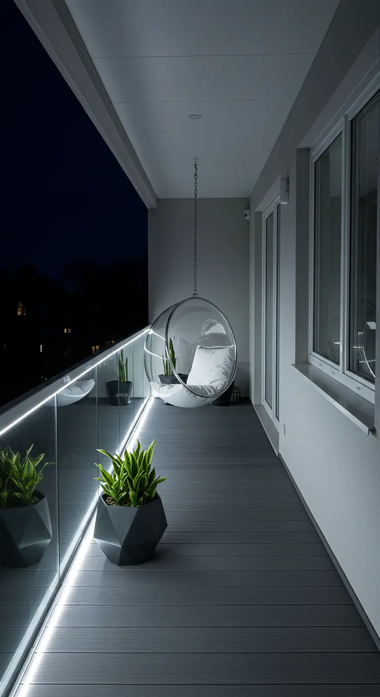 Modern balkon 's nachts met transparante hangstoel en LED-verlichting.