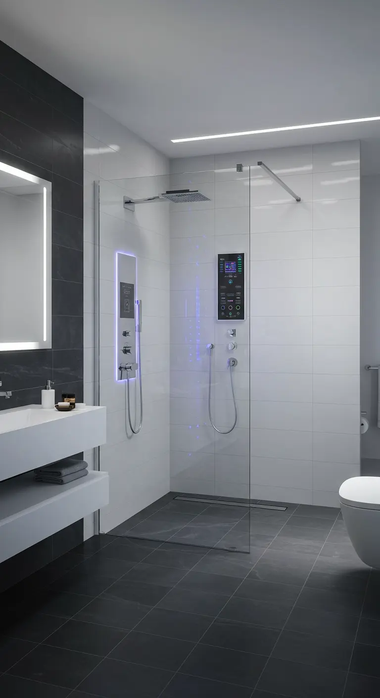 Moderne witte douche met digitaal paneel, LED-verlichting en donkere vloer.