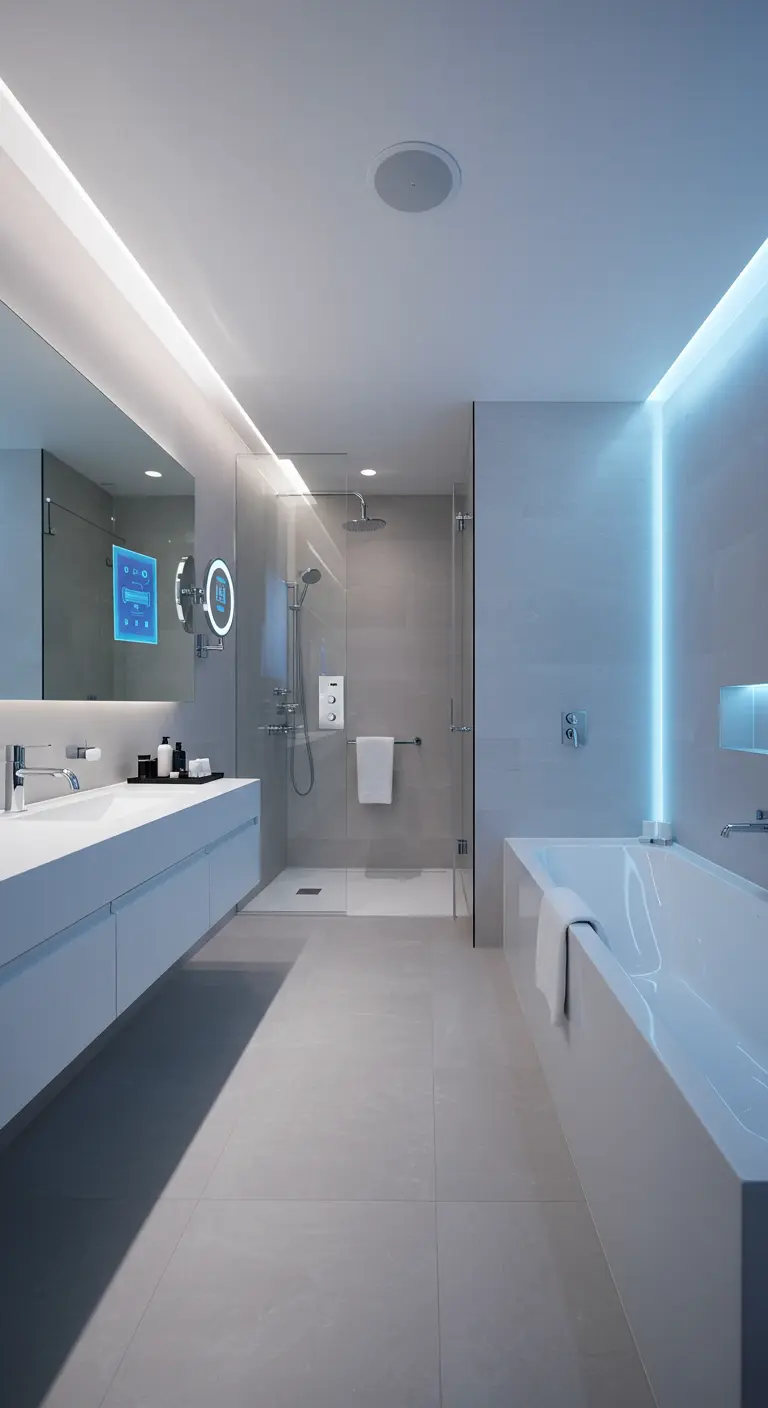 Moderne witte badkamer met strakke lijnen, slimme spiegel en geïntegreerde LED-verlichting.