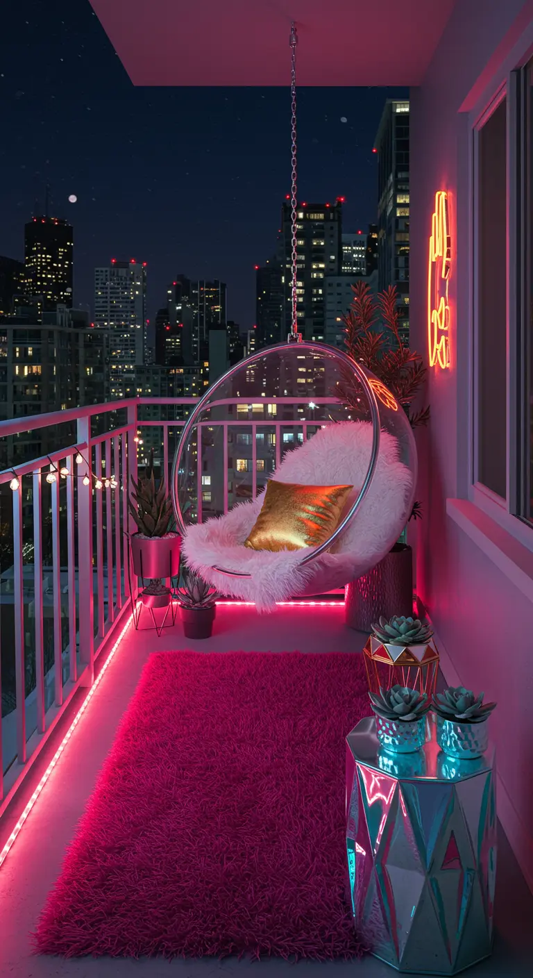 Transparante bubble hangstoel op balkon met roze neonverlichting en metallic accenten.